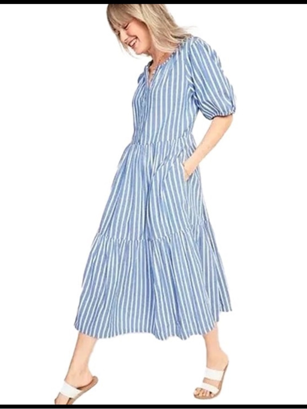 Old Navy Puff-sleeve Tiered Striped Midi Swing Dress Size L NWT